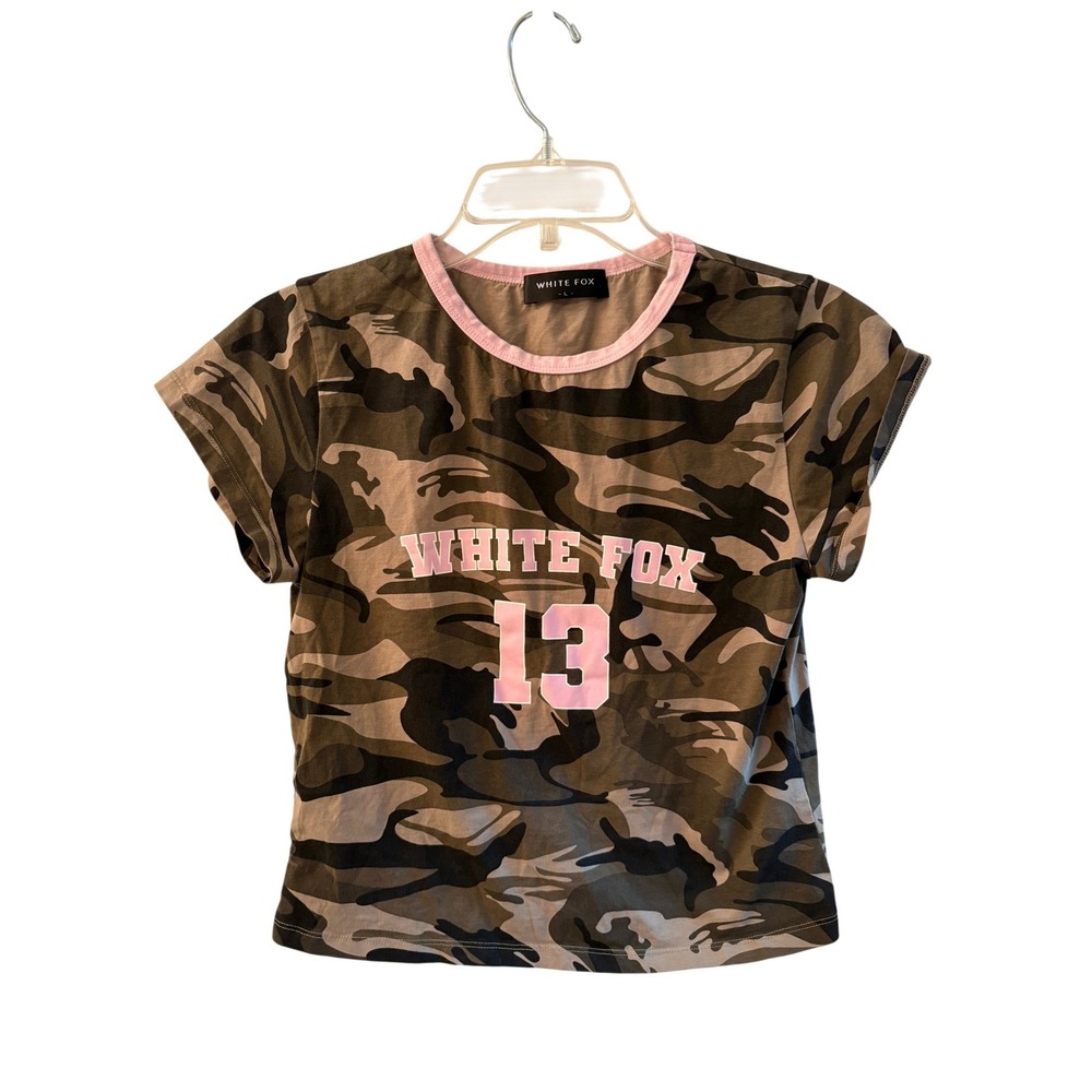 White Fox Boutique Womens Camo Baby Tee Pink Ringer Graphic T-Shirt Size L